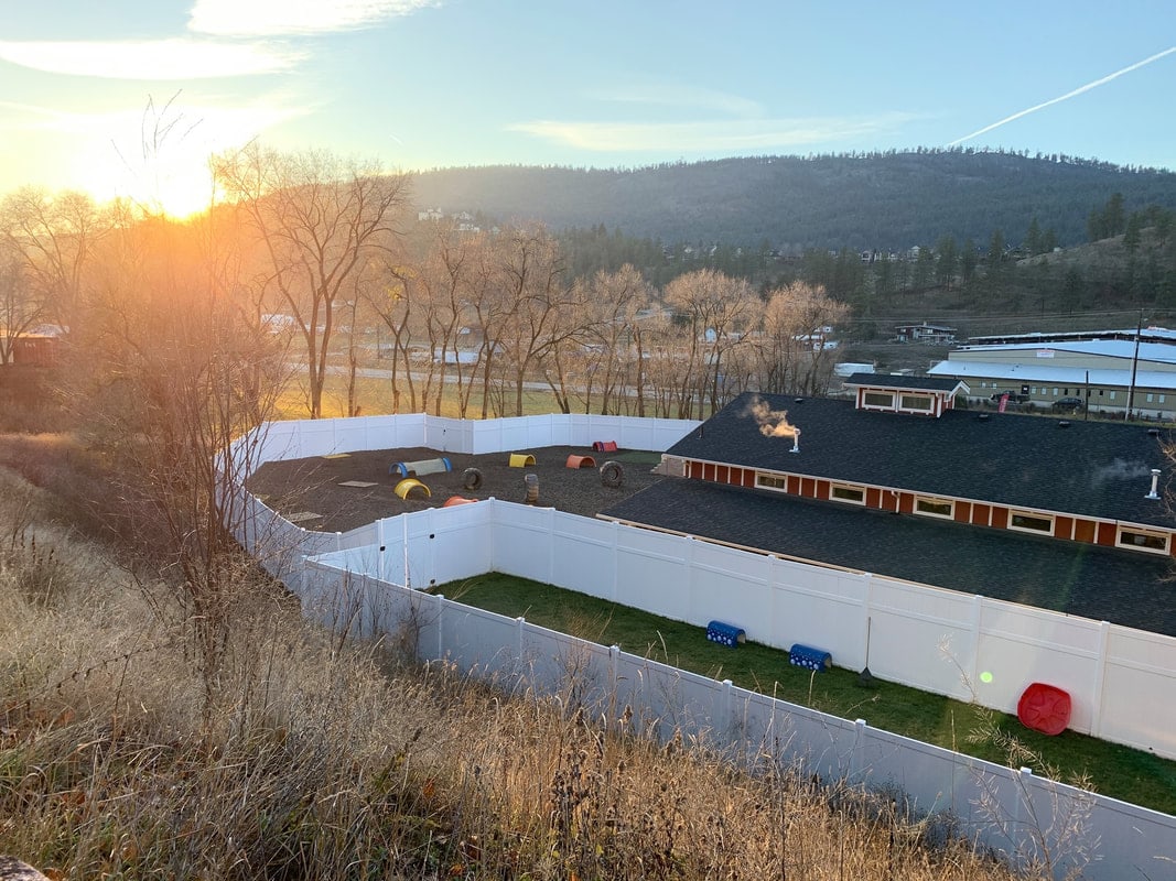 Early sun over the white-fenced play yards and the long barn roof, with the Glenmore hills behind
