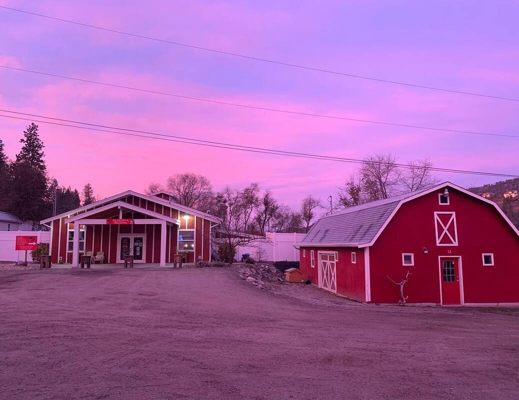 The red front office and the red gambrel barn under a pink and violet dusk sky