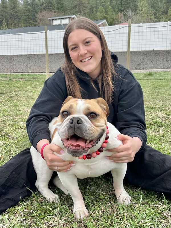 A staff member spending time with a bulldog